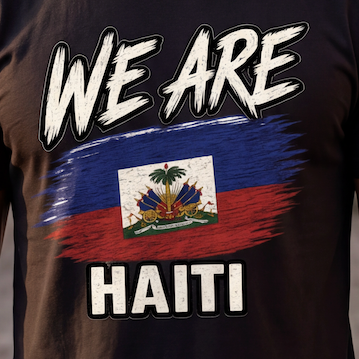 A close-up of a black t-shirt featuring a graphic print with the text 'WE ARE HAITI' and a stylized Haitian flag design.