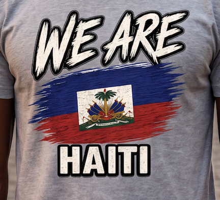 A close-up of a heather gray t-shirt featuring a graphic print with the text 'WE ARE' above a painted Haitian flag and 'HAITI' below.