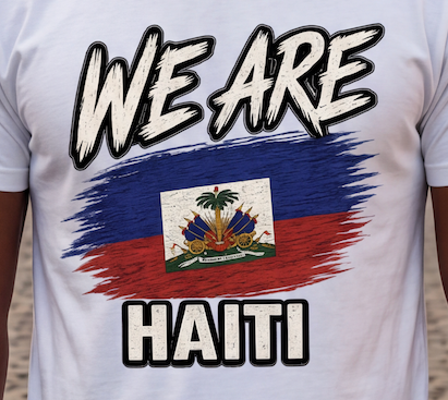 A close-up of a white t-shirt featuring a graphic print with the text 'WE ARE' and 'HAITI' in a distressed black-and-white font, surrounding a painted Haitian flag design.