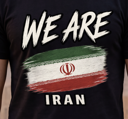 A close-up of a black t-shirt featuring a graphic print with the text 'WE ARE' and 'IRAN' in white, surrounding an Iranian flag design with Persian script.