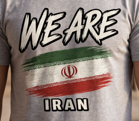 A close-up of a person wearing a heather gray t-shirt with a graphic print. The design features the words 'WE ARE' and 'IRAN' in bold white letters with black outlines, separated by a stylized horizontal tricolor flag design in green, white, and red with Persian script.