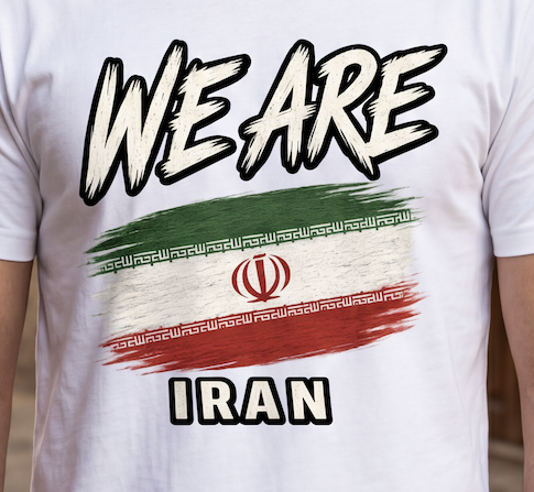 A close-up of a white short-sleeve t-shirt featuring a graphic print. The design displays the text 'WE ARE' in a bold, black-and-white brush-stroke font at the top, a stylized flag of Iran in the center with its tricolor stripes and central emblem, and the word 'IRAN' in a matching bold font at the bottom.