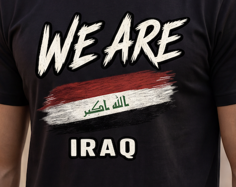 Close-up of a black short-sleeve T-shirt worn by a person, featuring a large white 'WE ARE' graphic above a red, white, and black horizontal flag design with green script and the word 'IRAQ' below.