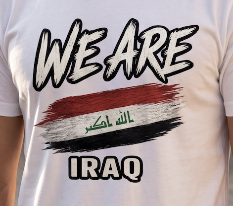 A close-up of a white t-shirt worn by a person, featuring a graphic print with the text 'WE ARE' above a stylized Iraqi flag and the word 'IRAQ' below.