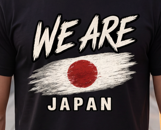 A close-up of a black t-shirt featuring a graphic print with the text 'WE ARE' above a stylized Japanese flag and 'JAPAN' below.