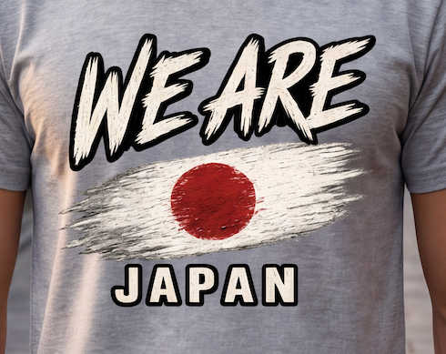 A close-up of a heather gray t-shirt featuring a graphic print with the text 'WE ARE' above a Japanese flag painted in a brushstroke style, and 'JAPAN' below.