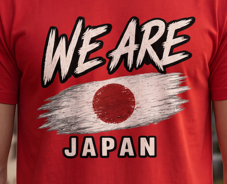 A close-up of a red short-sleeve t-shirt featuring a graphic print with the text 'WE ARE' and 'JAPAN' surrounding a distressed Japanese flag design.