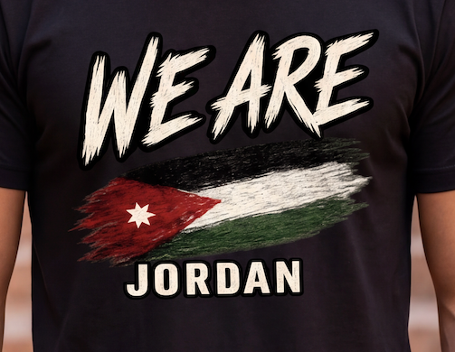 A close-up of a person wearing a black graphic t-shirt. The shirt features the text 'WE ARE' in a distressed white brush font, followed by a stylized, textured flag of Jordan in red, black, white, and green, and the word 'JORDAN' below it in white.
