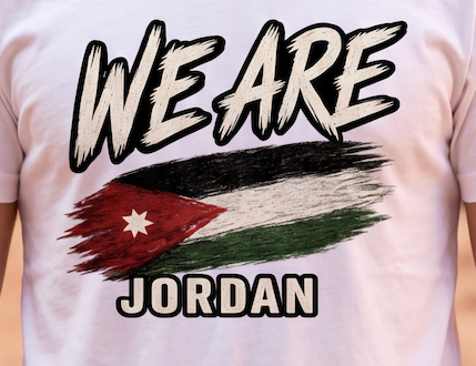 A close-up of a person wearing a white graphic T-shirt. The shirt features the words 'WE ARE' above a stylized Palestinian flag and 'JORDAN' below in bold outlined text.