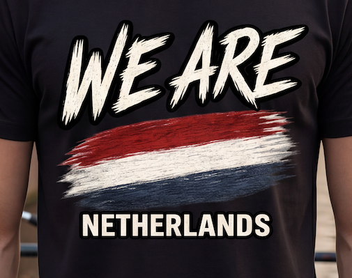A close-up of a black t-shirt featuring a graphic design with the text 'WE ARE' in white brush font, a red, white, and blue flag-style brushstroke in the center, and 'NETHERLANDS' in white block letters below.