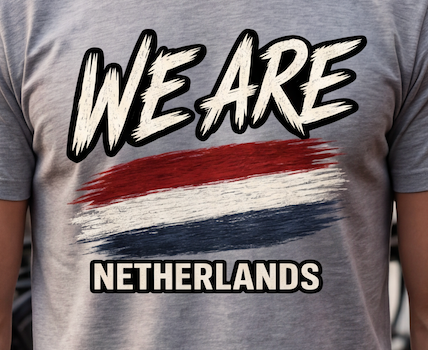 A close-up of a person wearing a heather gray t-shirt with a graphic print that reads 'WE ARE' above a red, white, and blue painted flag design, and 'NETHERLANDS' below in white block letters.