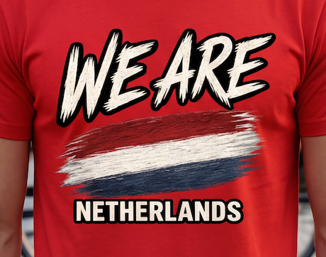 A close-up of a red short-sleeve t-shirt worn by a person, featuring a graphic print that reads 'WE ARE' in large white brush-style letters with black outlines, a horizontal red, white, and blue flag design, and 'NETHERLANDS' in white block letters below.