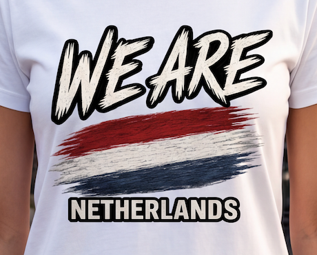 A close-up of a white short-sleeve T-shirt worn by a person, featuring a graphic print that reads 'WE ARE' above a red, white, and blue brushstroke design, with 'NETHERLANDS' below in bold outlined text.