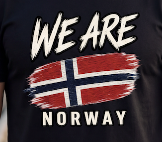 A close-up of a black t-shirt featuring a graphic print with the text 'WE ARE NORWAY' and a stylized Norwegian flag in a brushstroke design.