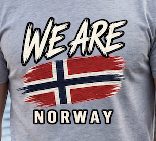 A close-up of a heather gray t-shirt featuring a graphic print with the text 'WE ARE NORWAY' and a distressed Norwegian flag design in the center.