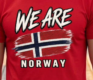 A close-up of a red short-sleeve t-shirt featuring a graphic print with the text 'WE ARE NORWAY' and a stylized Norwegian flag.