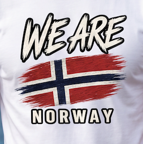 White t-shirt featuring a graphic print with the text 'WE ARE NORWAY' and a stylized Norwegian flag in red, white, and blue.