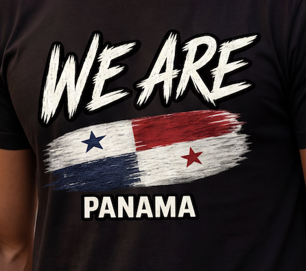A close-up of a person wearing a black T-shirt with a graphic print that reads 'WE ARE PANAMA' above and below a stylized flag design in white, red, and blue.