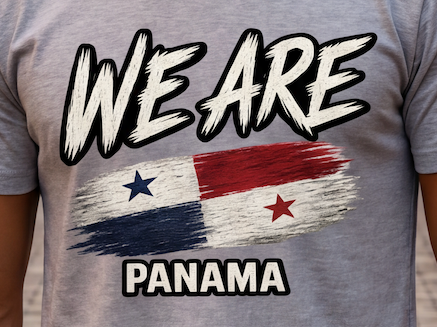 A close-up of a person wearing a heather gray T-shirt with a graphic print that reads 'WE ARE PANAMA' above and below a stylized flag design in white, red, and blue.