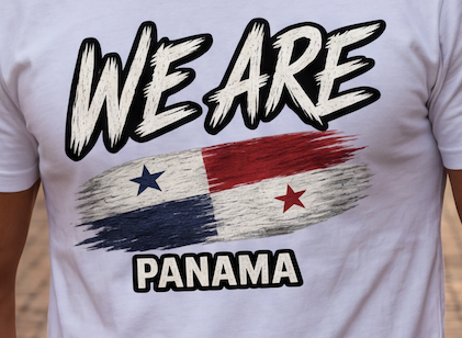 A close-up of a white t-shirt featuring a graphic print with the text 'WE ARE PANAMA' and a stylized, distressed flag of Panama in the center.