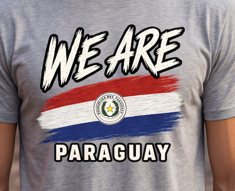 A close-up of a heather gray t-shirt featuring a graphic print with the text 'WE ARE' and 'PARAGUAY' in white with black outlines, a red, white, and blue flag design, and the Paraguayan coat of arms.