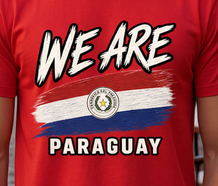 A close-up of a red short-sleeve t-shirt featuring a graphic print of the Paraguayan flag with the text 'WE ARE' above and 'PARAGUAY' below, worn by a person.