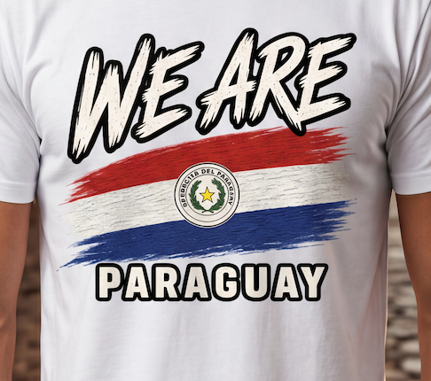 A close-up of a white short-sleeve t-shirt worn by a person, featuring a graphic print with the text 'WE ARE' and 'PARAGUAY' and a stylized Paraguayan flag with the central emblem.
