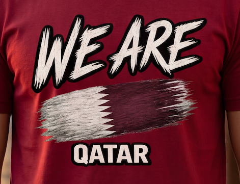 A close-up of a maroon red t-shirt featuring a graphic print with the text 'WE ARE QATAR' and a stylized flag design in white and dark red.