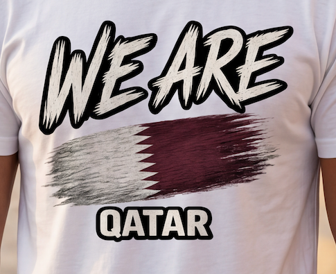 A close-up of a white t-shirt featuring a graphic print that reads 'WE ARE QATAR' with a stylized Qatar flag design in the center.