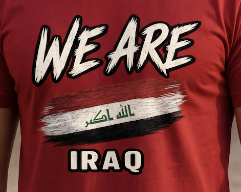 Close-up of distressed Iraq flag design on WE ARE heritage graphic T-shirt.