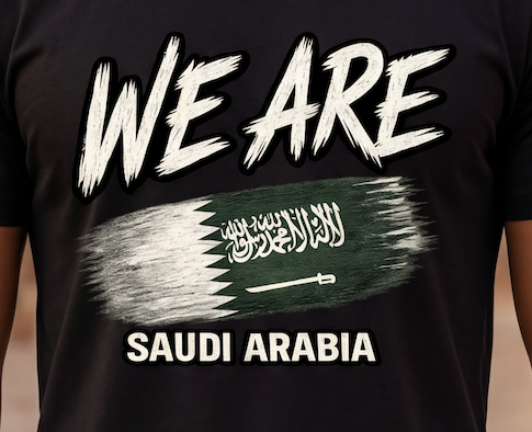 A close-up of a black t-shirt featuring a graphic print with the text 'WE ARE' in white brush lettering, a stylized Saudi Arabian flag design in the center, and 'SAUDI ARABIA' printed below in white.