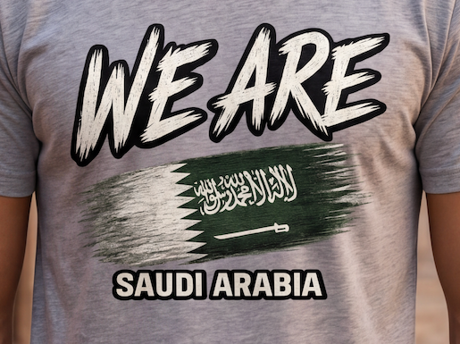A close-up of a person wearing a heather gray t-shirt with a graphic print. The graphic features the text 'WE ARE' in a bold, hand-drawn white font with black outlines, above a stylized green and white flag design resembling the Saudi Arabian flag, and 'SAUDI ARABIA' written below in white block letters with black outlines.