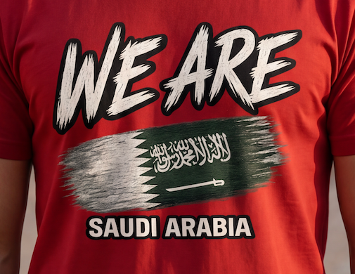 A close-up of a red t-shirt featuring a graphic print with the text 'WE ARE' in a white brush font, a stylized Saudi Arabian flag in the center, and 'SAUDI ARABIA' printed below in white with a black outline.