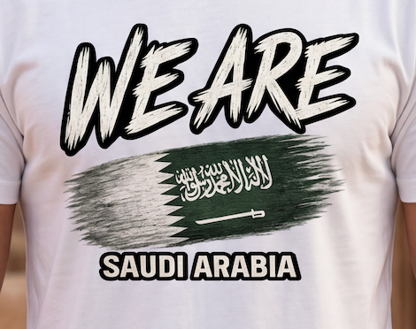 A close-up of a white t-shirt featuring a graphic print with the text 'WE ARE' in large black and white brush-style letters, above a stylized Saudi Arabian flag design, and 'SAUDI ARABIA' in bold black letters below.