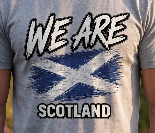 A close-up of a person wearing a heather gray t-shirt with a graphic print that reads 'WE ARE SCOTLAND' featuring a distressed blue and white Scottish flag design.