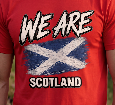 A close-up of a red t-shirt featuring a distressed graphic of the Scottish flag (St. Andrew's Cross) with the text 'WE ARE SCOTLAND' in bold white letters with black outlines.