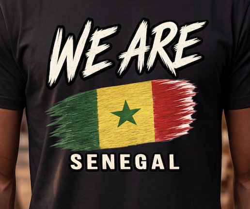 A close-up of a person wearing a black t-shirt with a graphic print. The design features the text 'WE ARE' in a distressed white brush font, followed by a stylized flag of Senegal with its green, yellow, and red vertical stripes and central green star, and the word 'SENEGAL' below in white with a black outline.