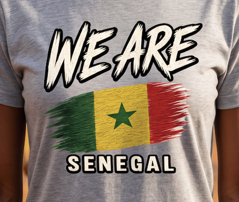 A close-up of a person wearing a heather gray t-shirt with a graphic print. The print features the text 'WE ARE' in a bold, distressed white font with black outlines, followed by a stylized, brush-stroke style Senegalese flag in green, yellow, and red, and the word 'SENEGAL' below in the same white font with black outlines.