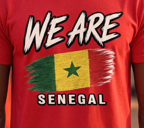A close-up of a red t-shirt featuring a graphic print with the text 'WE ARE' above a stylized Senegalese flag and 'SENEGAL' below, worn by a person.