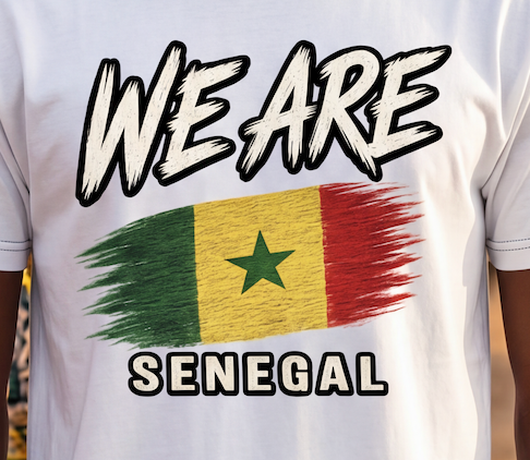 A close-up of a white t-shirt featuring a graphic print with the text 'WE ARE' above a distressed Senegalese flag and 'SENEGAL' below.