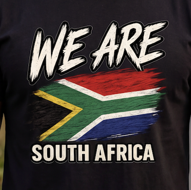 A close-up of a black t-shirt featuring a graphic print with the text 'WE ARE SOUTH AFRICA' and a stylized South African flag in a brushstroke design.