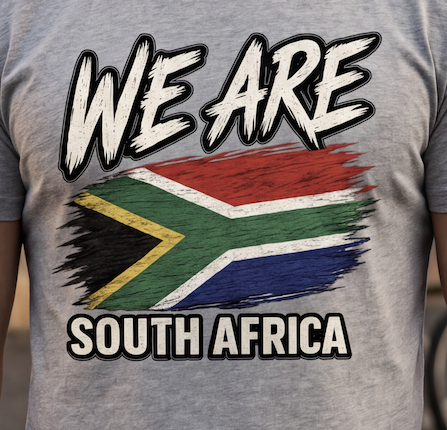 A close-up of a person wearing a heather gray t-shirt with a graphic print that reads 'WE ARE SOUTH AFRICA' and features a distressed, brush-stroke style South African flag.