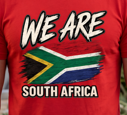 A red short-sleeve t-shirt featuring a distressed graphic print with the text 'WE ARE SOUTH AFRICA' and a stylized South African flag, shown on a person.