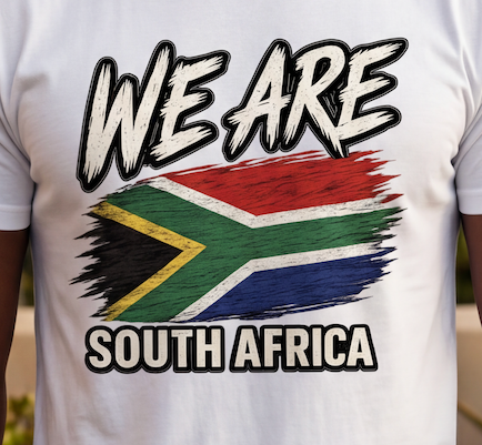 A white short-sleeve t-shirt featuring a distressed graphic print of the South African flag with the text 'WE ARE SOUTH AFRICA' in a bold, black-and-white comic-style font.