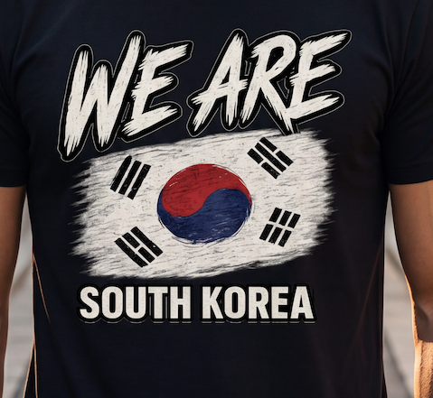 A close-up of a black t-shirt featuring a graphic print of the South Korean flag with the text 'WE ARE SOUTH KOREA' in a distressed white font.