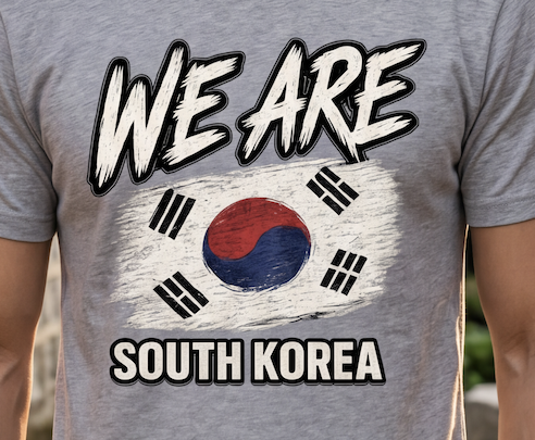 A close-up of a person wearing a heather gray t-shirt with a graphic print that reads 'WE ARE SOUTH KOREA' over a stylized South Korean flag design.
