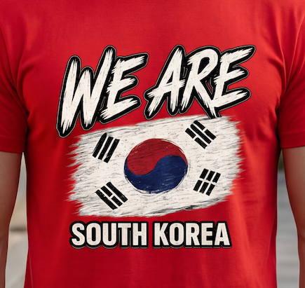 A red short-sleeve t-shirt featuring a graphic print of the South Korean flag with the text 'WE ARE SOUTH KOREA' in bold white letters with black outlines.