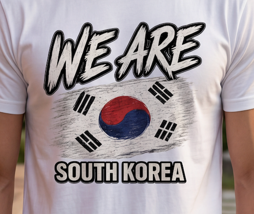 A close-up of a white short-sleeve t-shirt worn by a person, featuring a graphic print of the South Korean flag with the text 'WE ARE SOUTH KOREA' in a bold, black-and-white brush-stroke font.