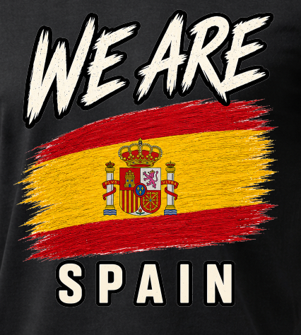 A close-up of a black graphic print featuring the text 'WE ARE SPAIN' in bold white letters with black outlines, overlaid on a distressed Spanish flag design with the coat of arms.