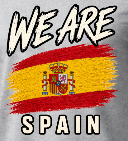 A graphic print featuring the text 'WE ARE' at the top and 'SPAIN' at the bottom, framing a distressed Spanish flag design with the Spanish coat of arms in the center. The graphic is displayed on a heather gray fabric background.